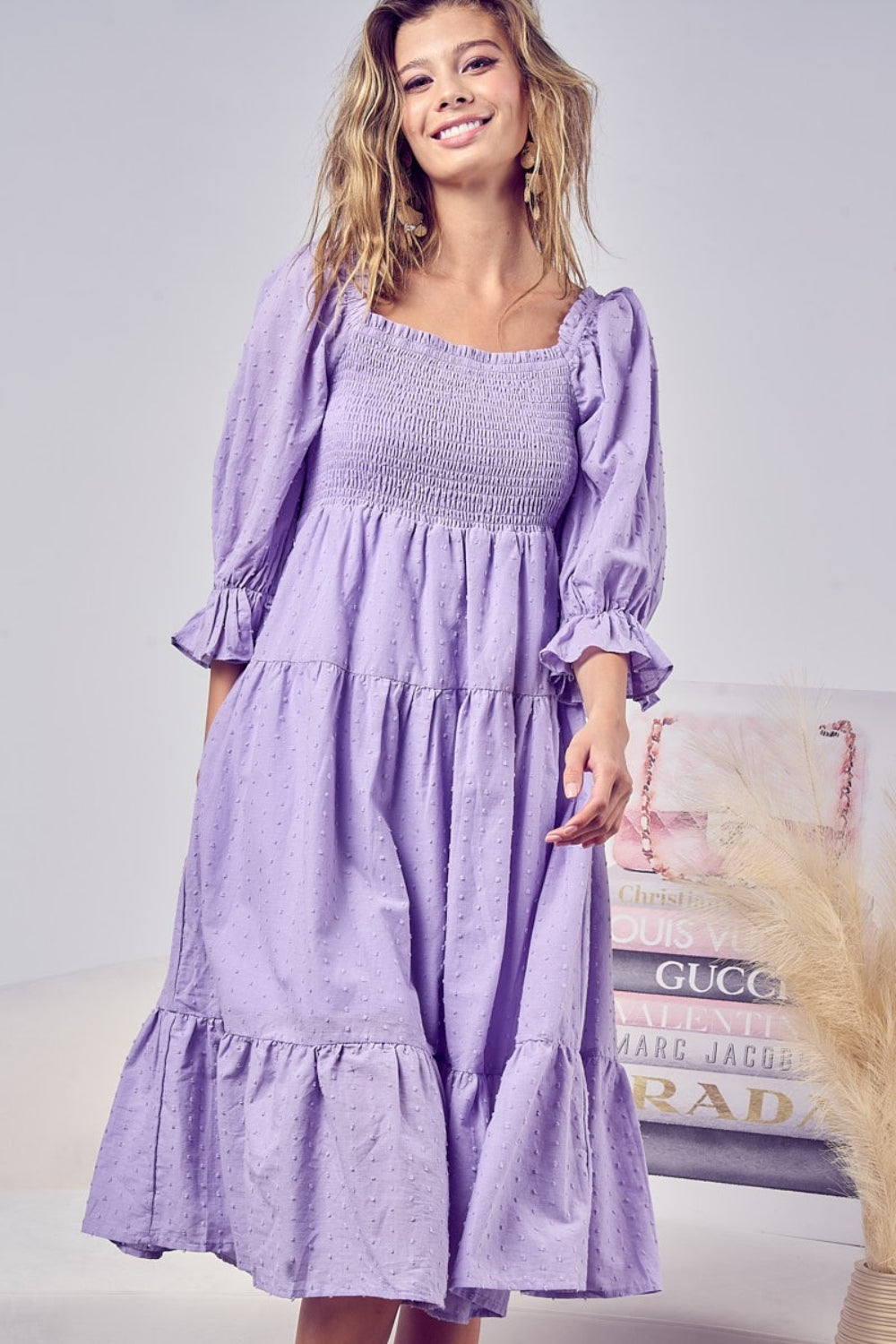 Swiss Dot Flounce Sleeve Smocked Tiered Midi Dress