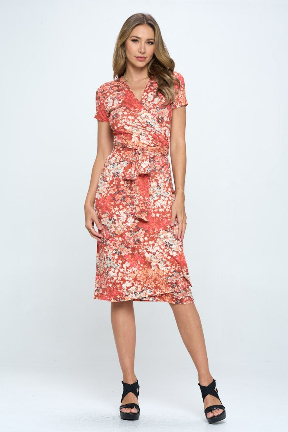 Floral Tie Front Surplice Short Sleeve Dress