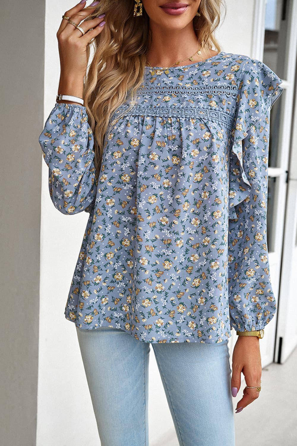 Printed Round Neck Long Sleeve Blouse - Home Grown EA