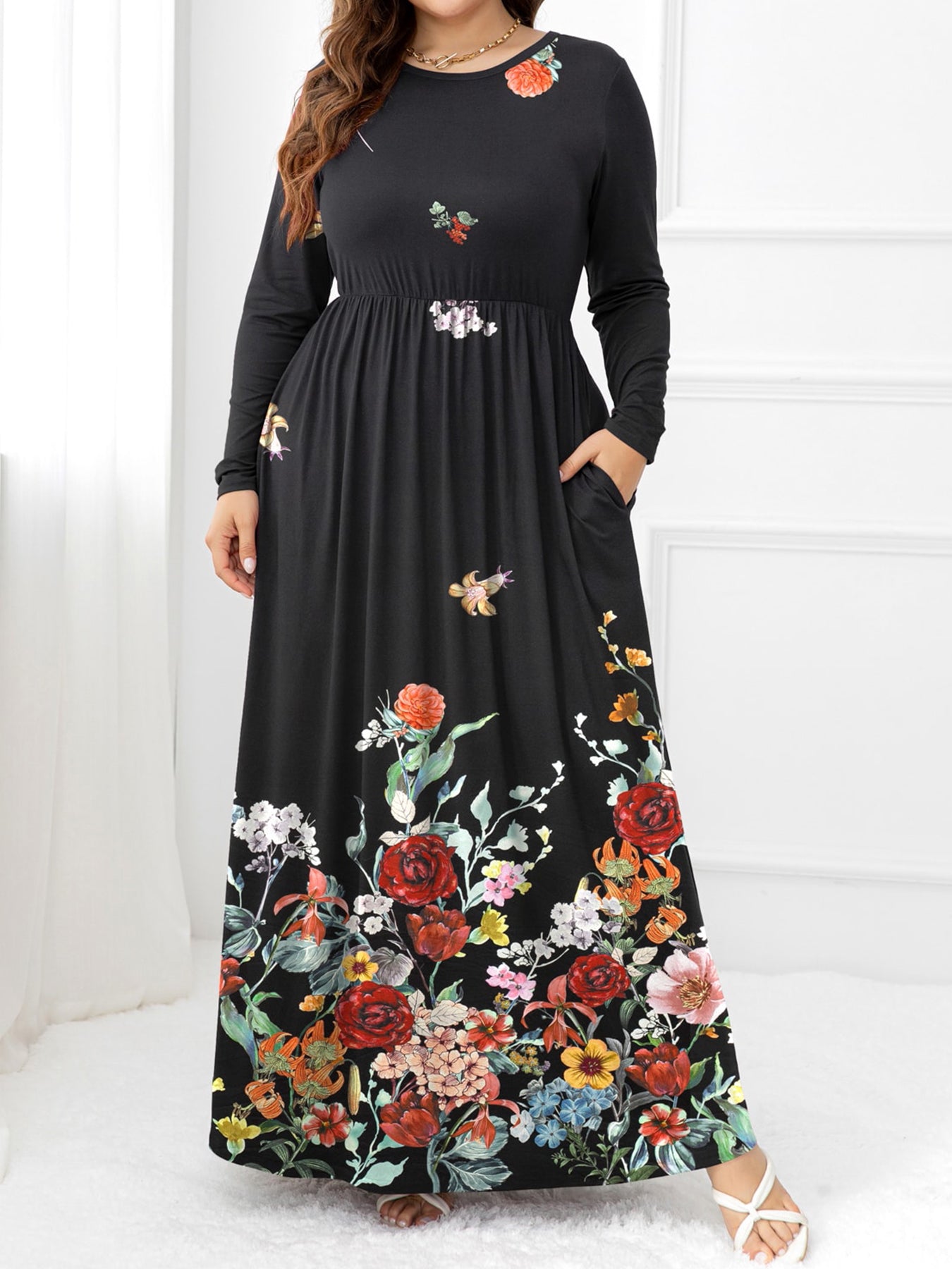 Plus Size Round Neck Maxi Dress with Pockets - Home Grown EA