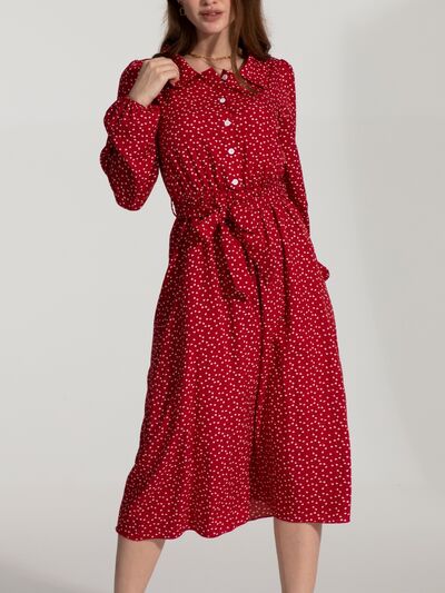 Tied Button Up Balloon Sleeve Dress