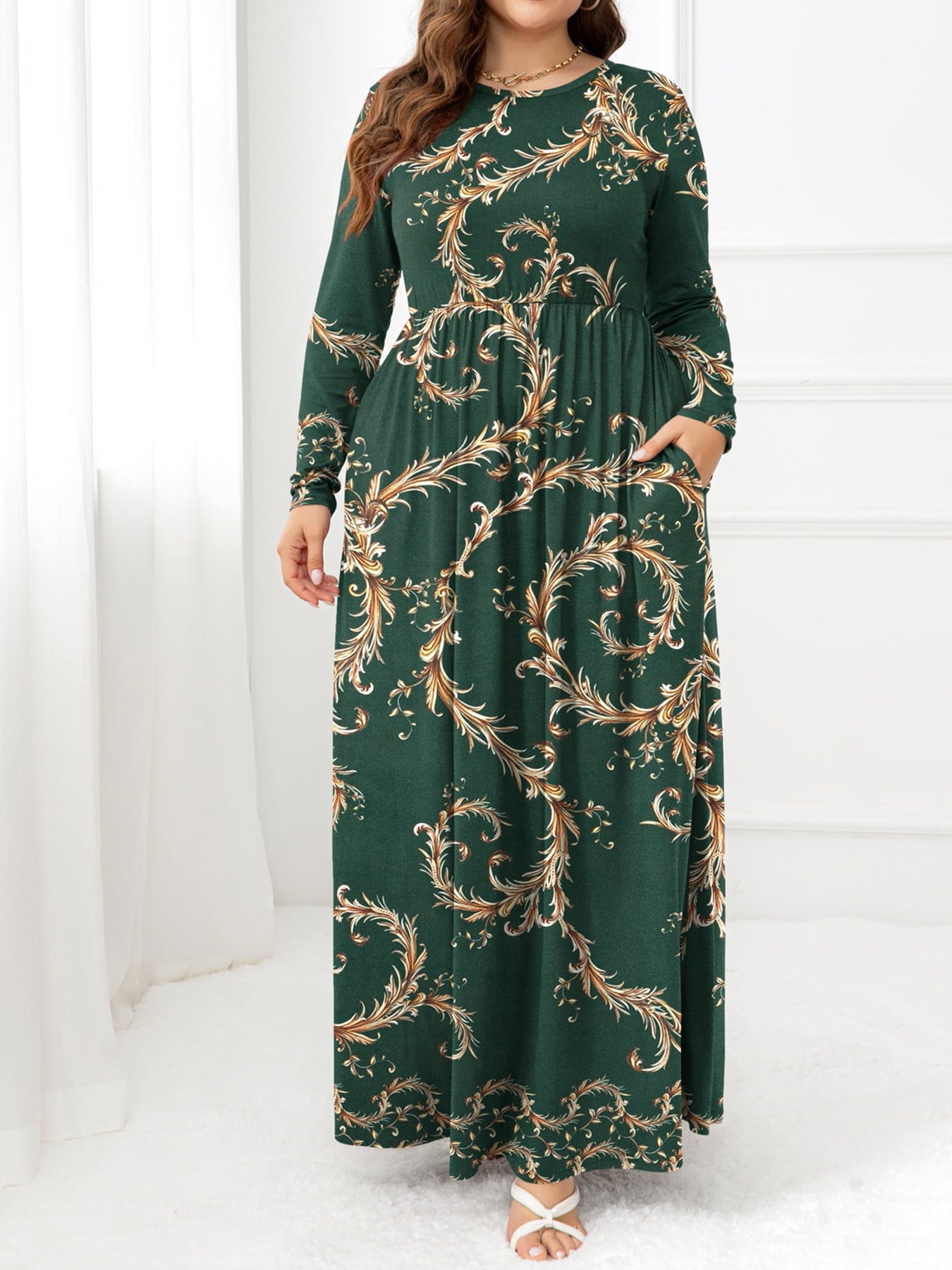 Plus Size Round Neck Maxi Dress with Pockets - Home Grown EA