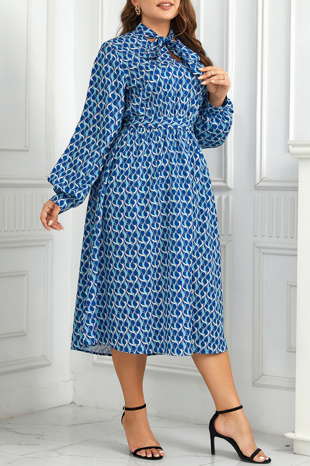 Printed Tie Neck Midi Dress