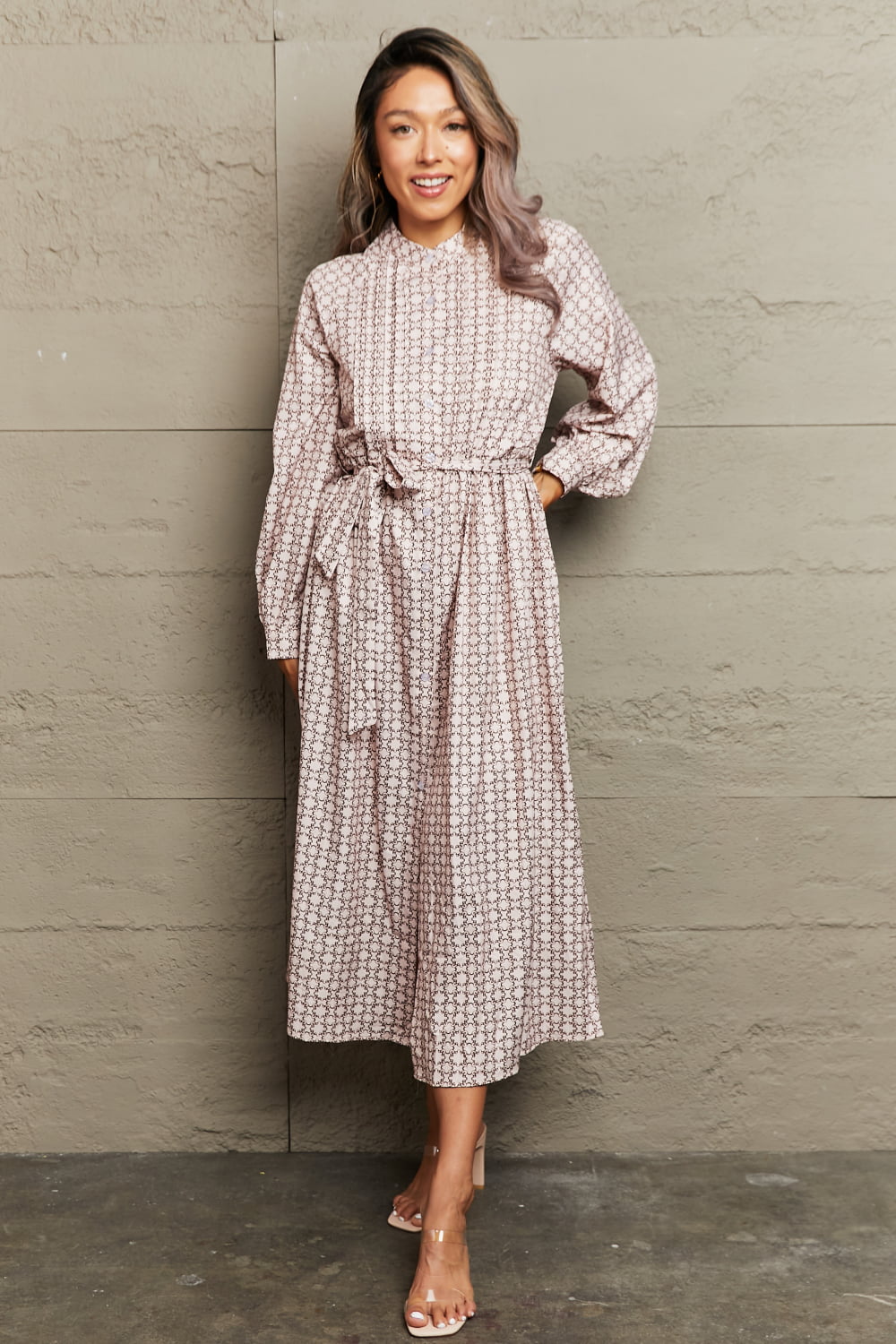 Printed Tie Waist Long Sleeve Dress - Home Grown EA