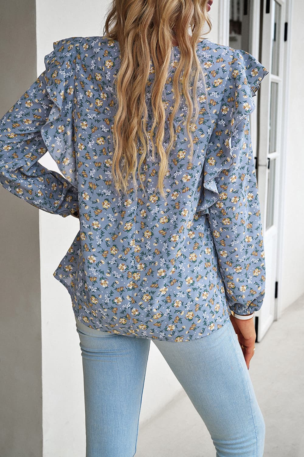 Printed Round Neck Long Sleeve Blouse - Home Grown EA