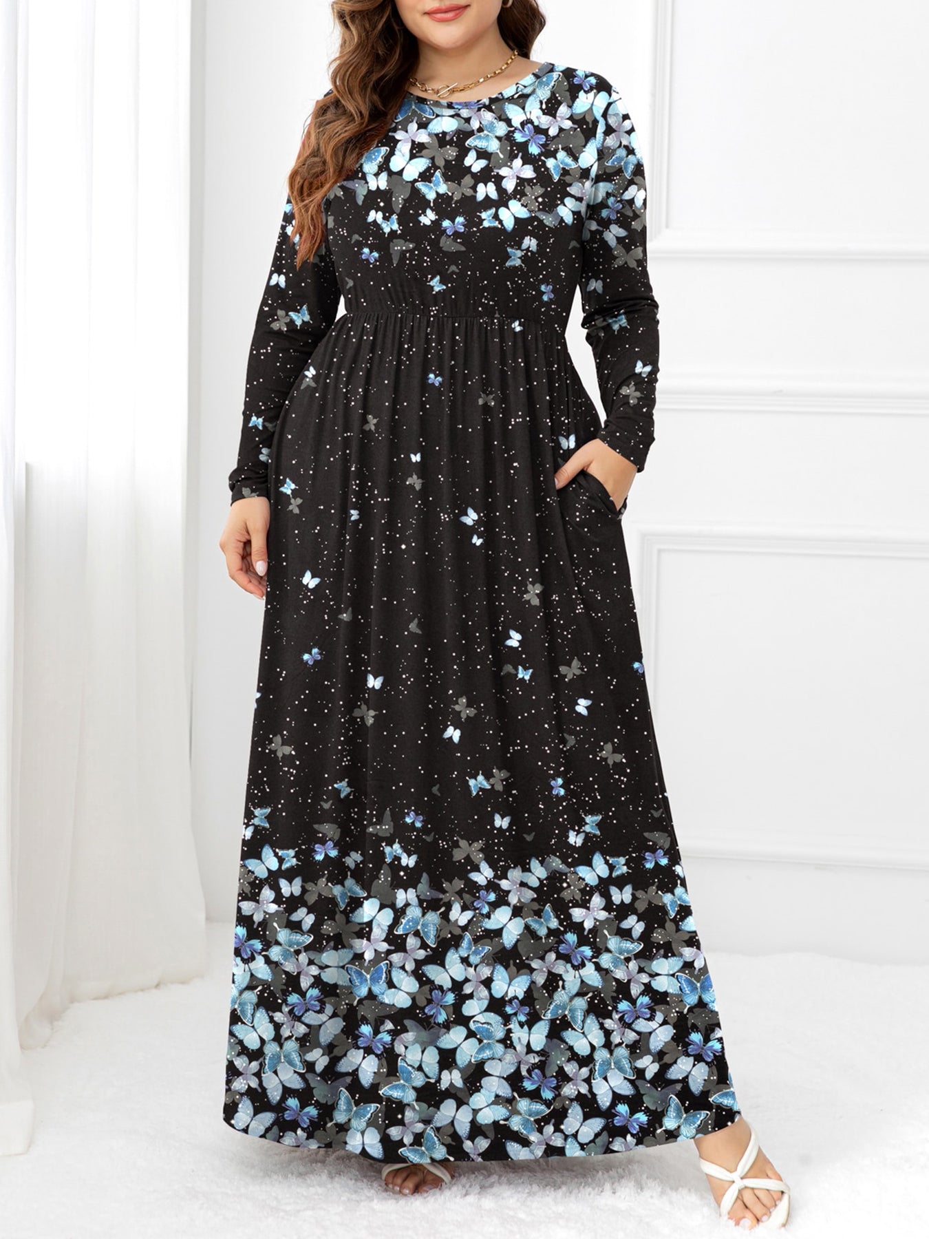 Plus Size Round Neck Maxi Dress with Pockets - Home Grown EA