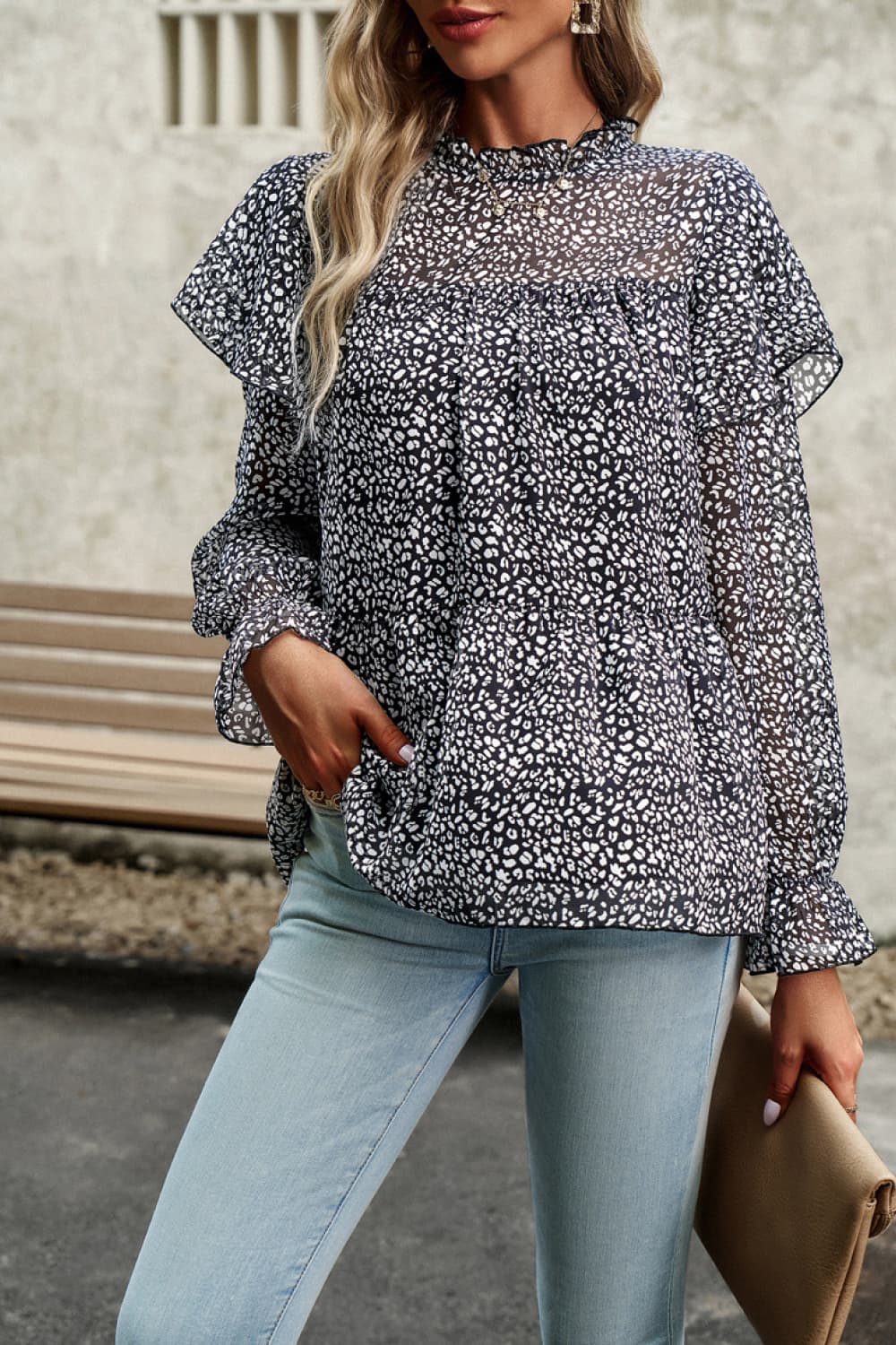 Printed Round Neck Flounce Sleeve Blouse - Home Grown EA