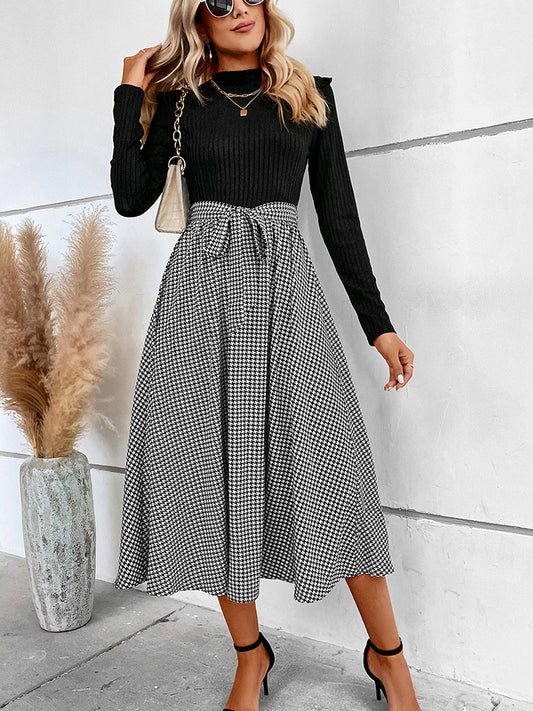 Hoodstooth Tie Waist Midi Dress