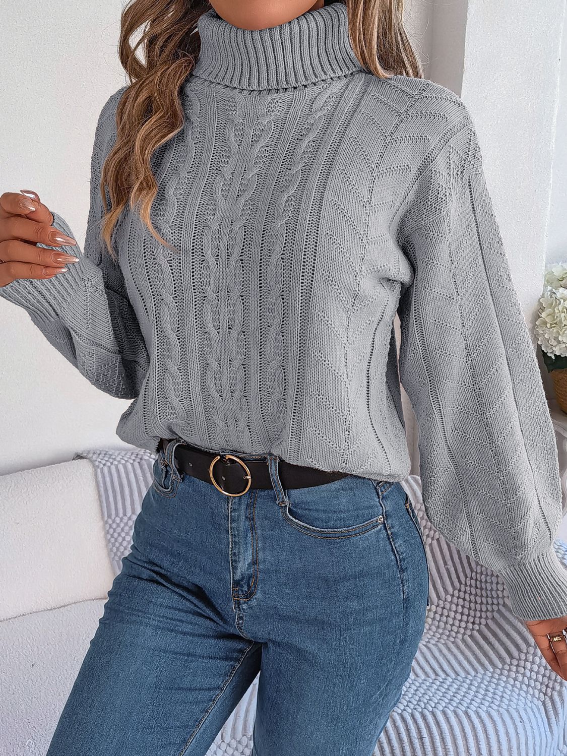 Cable-Knit Turtleneck Sweater - Home Grown EA