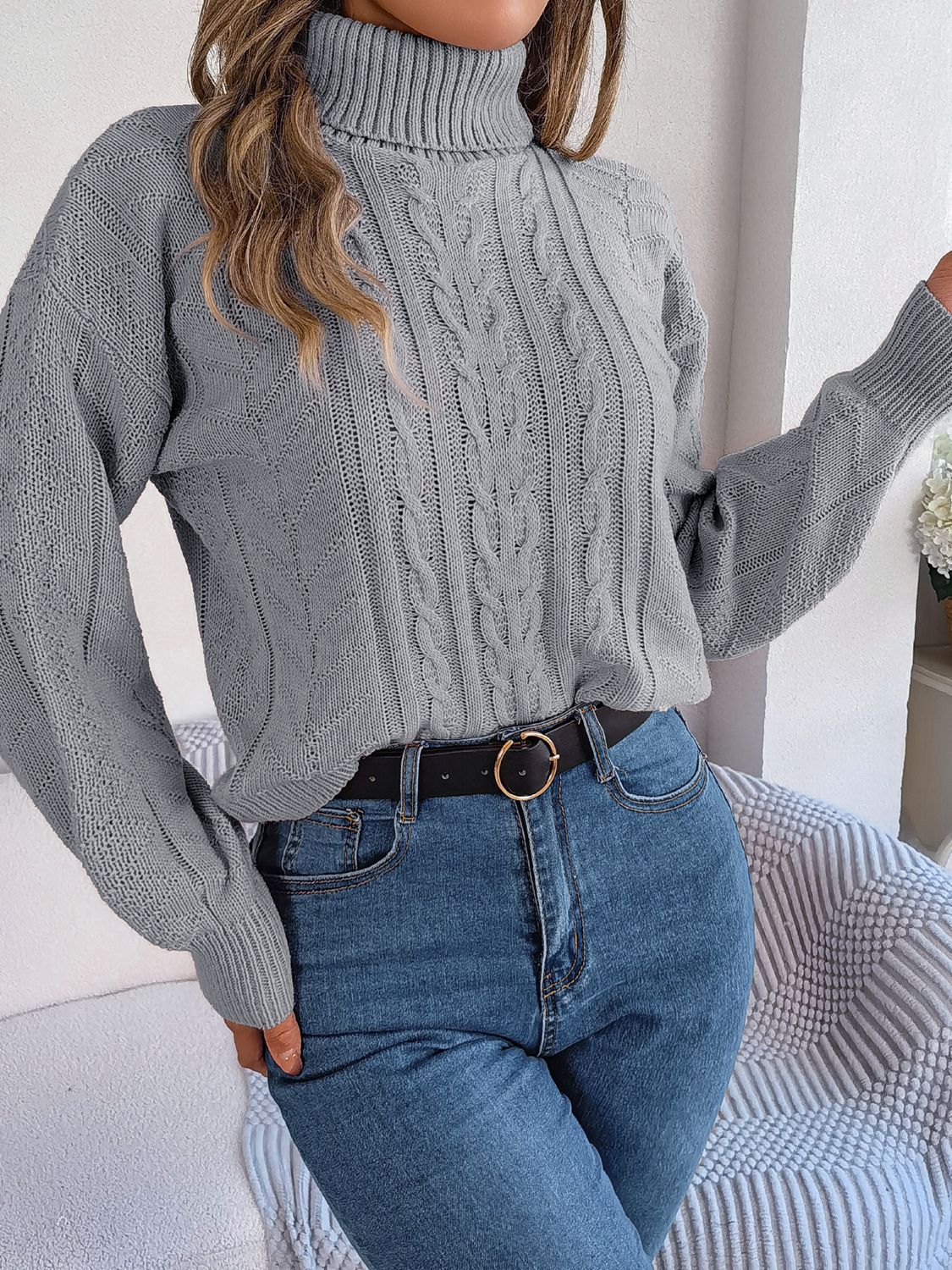 Cable-Knit Turtleneck Sweater - Home Grown EA