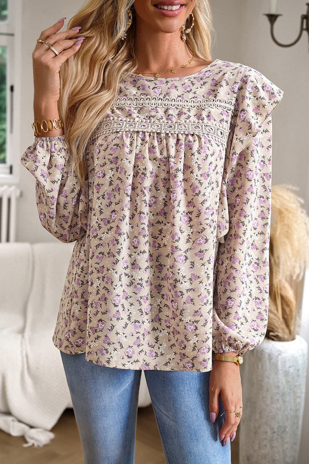 Printed Round Neck Long Sleeve Blouse - Home Grown EA