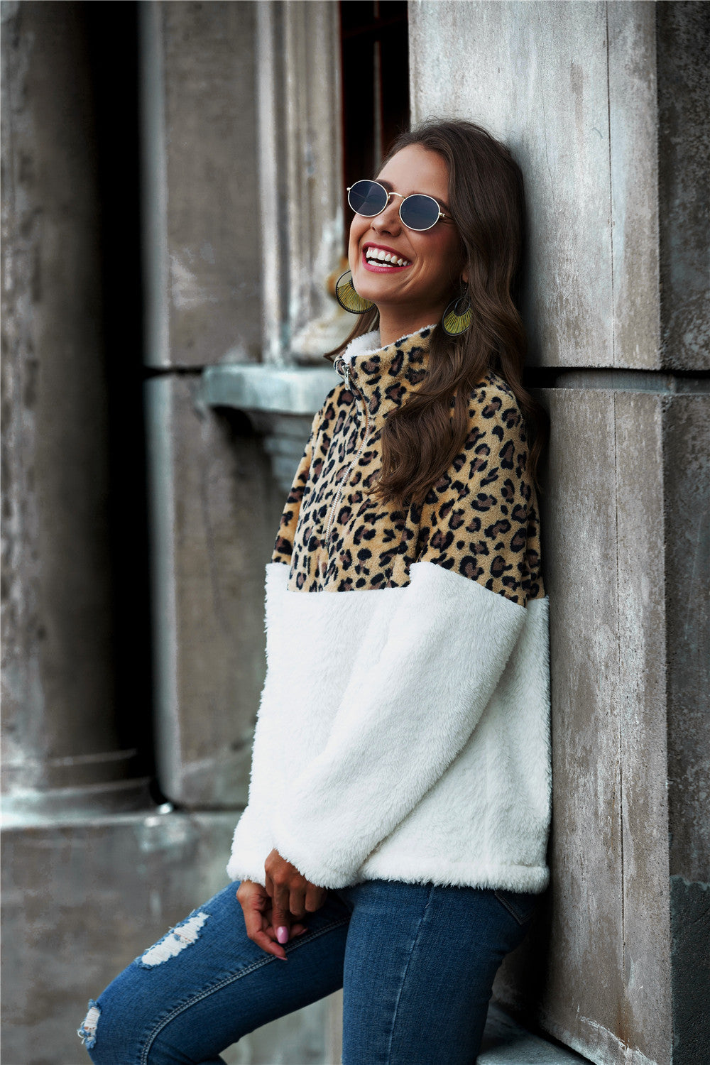 Leopard Color Block Teddy Sweatshirt