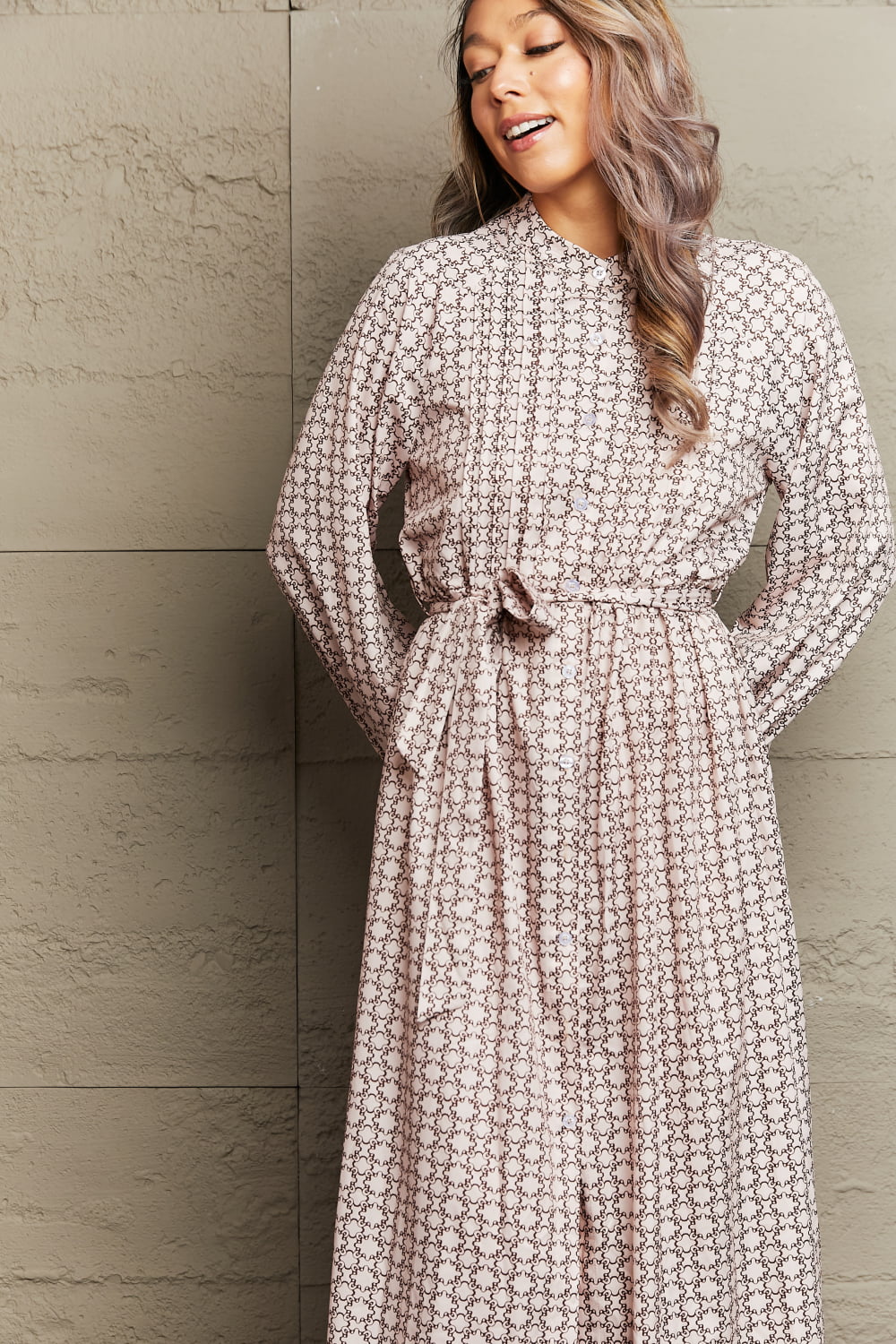 Printed Tie Waist Long Sleeve Dress - Home Grown EA