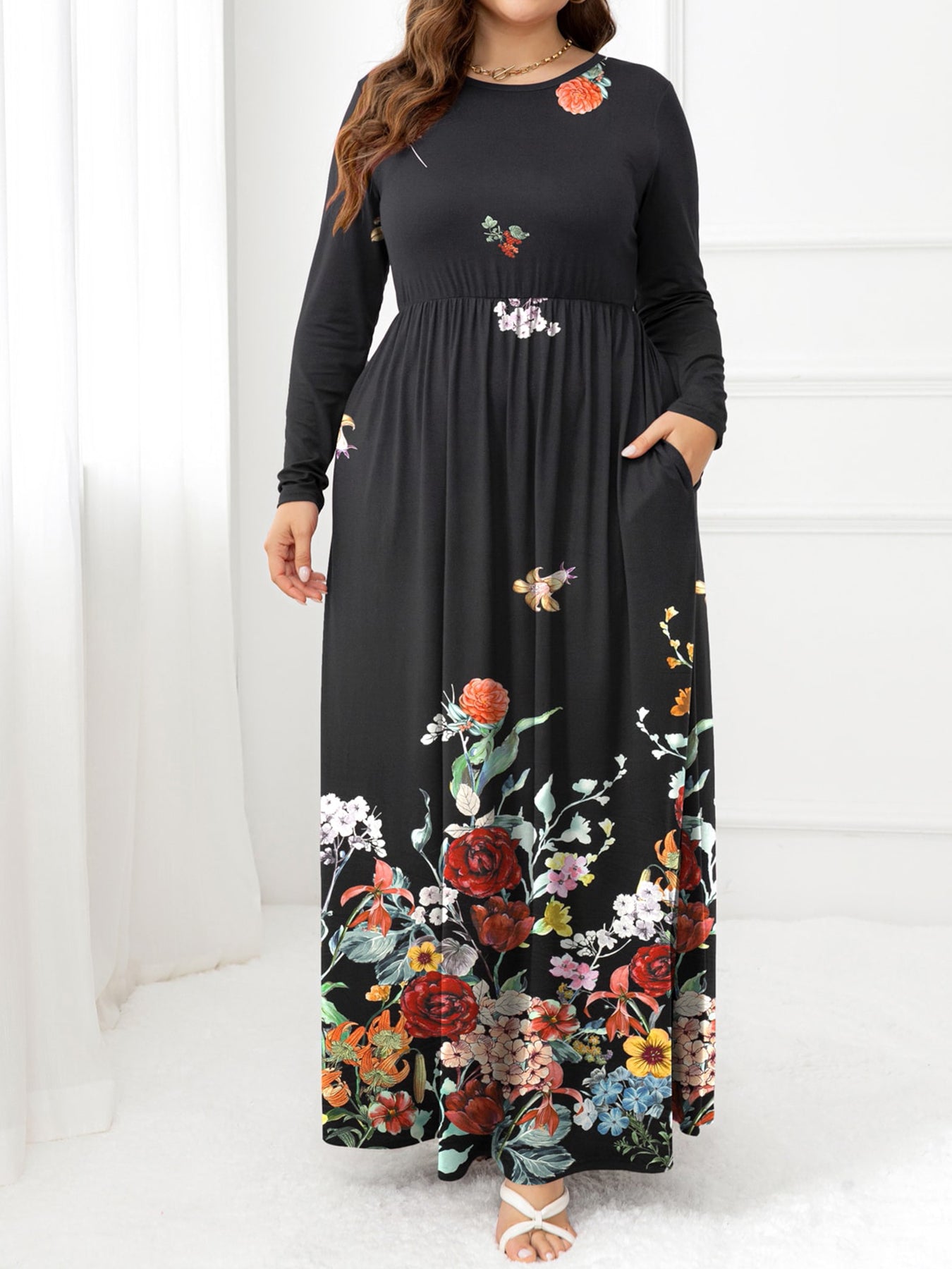 Plus Size Round Neck Maxi Dress with Pockets - Home Grown EA