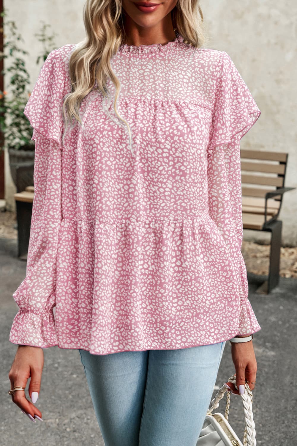 Printed Round Neck Flounce Sleeve Blouse - Home Grown EA