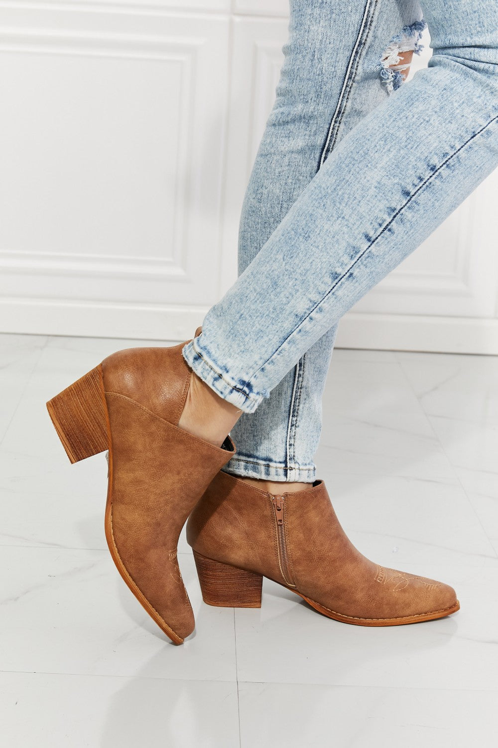 Embroidered Crossover Cowboy Bootie-Caramel