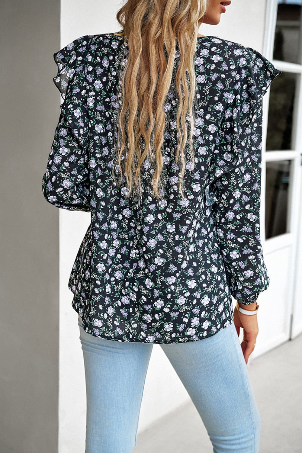 Printed Round Neck Long Sleeve Blouse - Home Grown EA