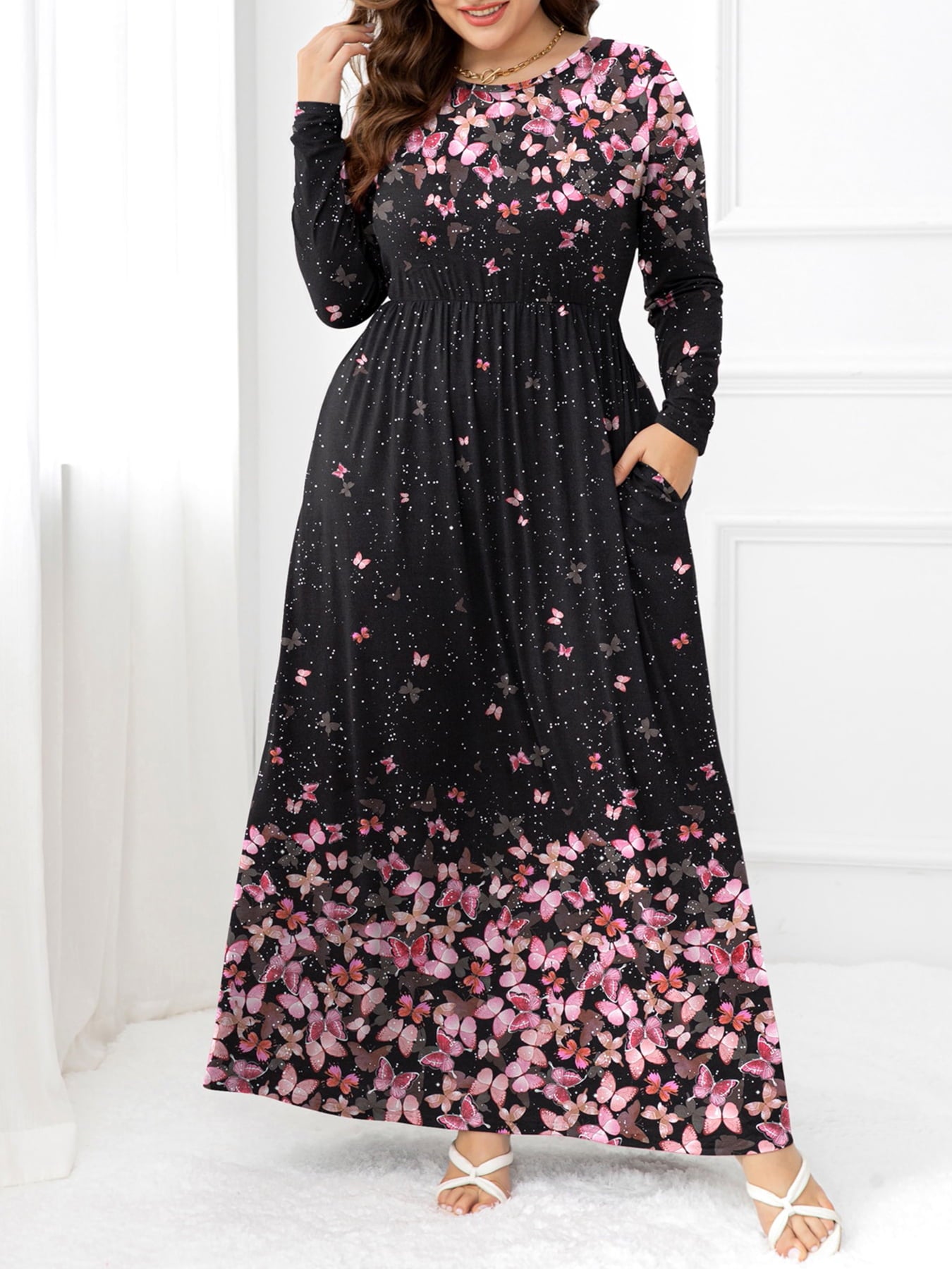 Plus Size Round Neck Maxi Dress with Pockets - Home Grown EA