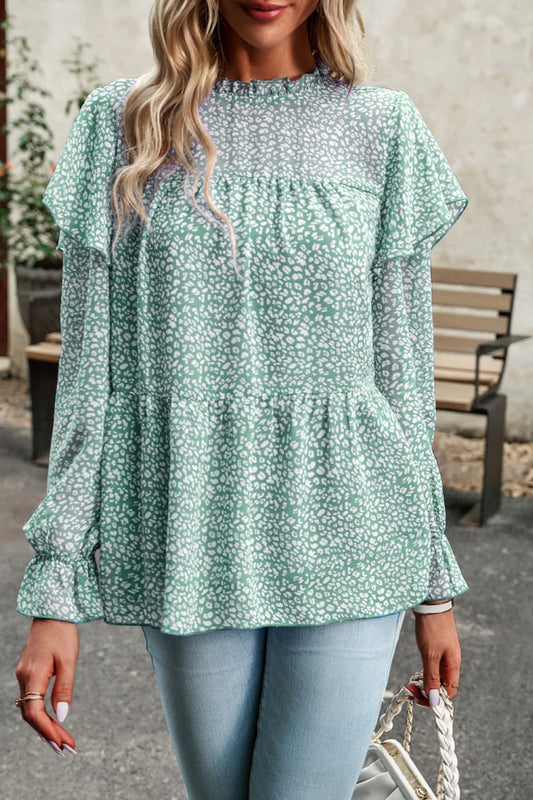 Printed Round Neck Flounce Sleeve Blouse - Home Grown EA