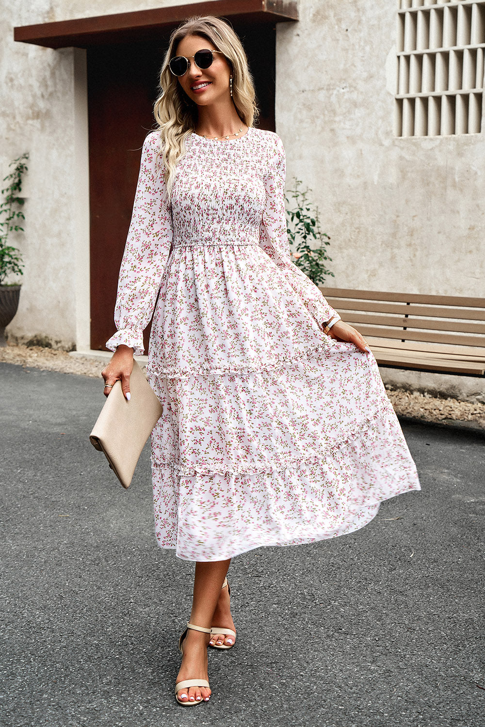 Floral Smocked Long Sleeve Dress