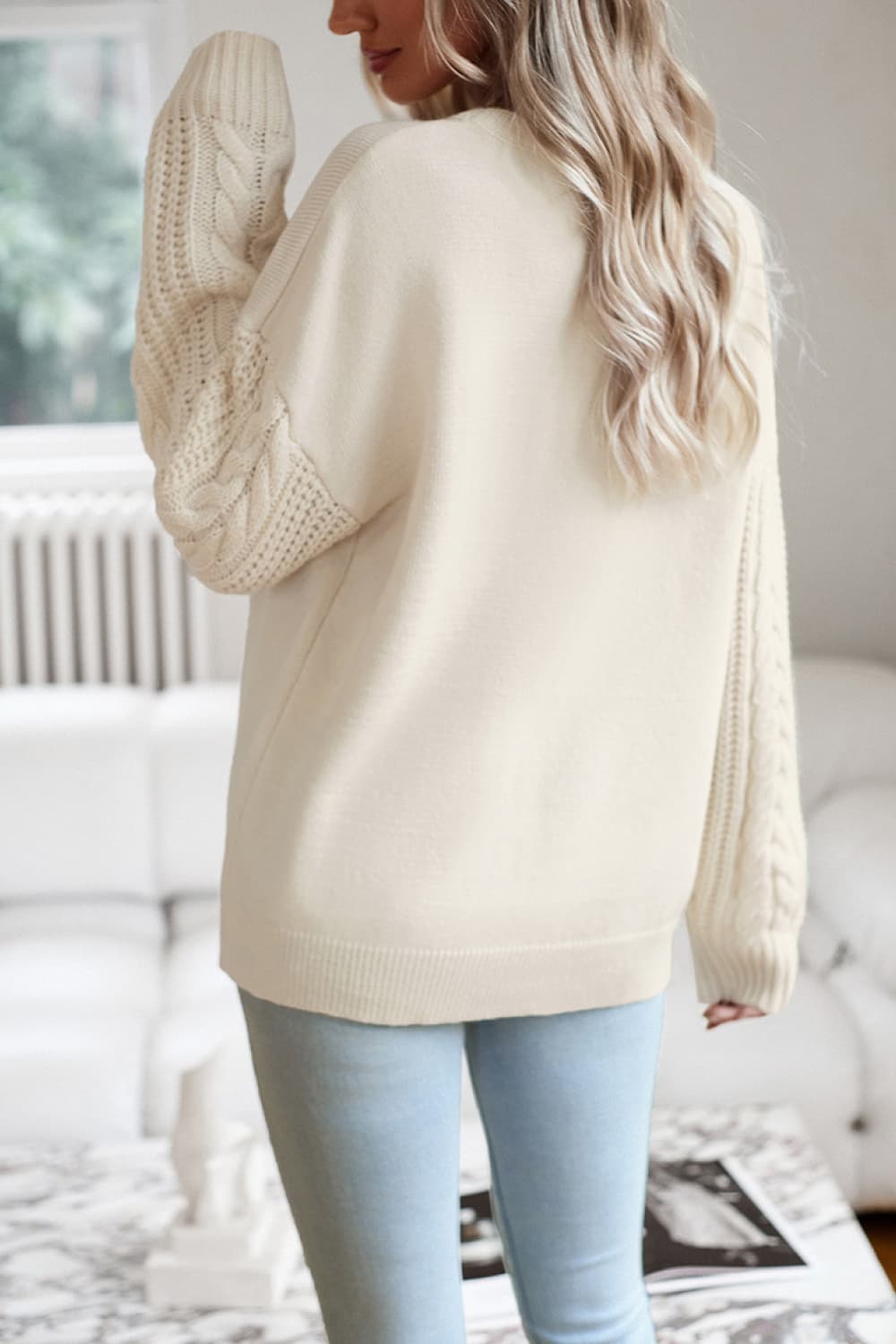 Cable-Knit Round Neck Drop Shoulder Sweater - Home Grown EA