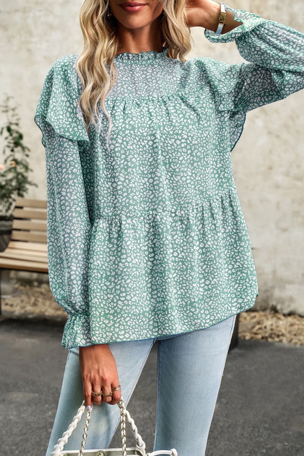 Printed Round Neck Flounce Sleeve Blouse - Home Grown EA