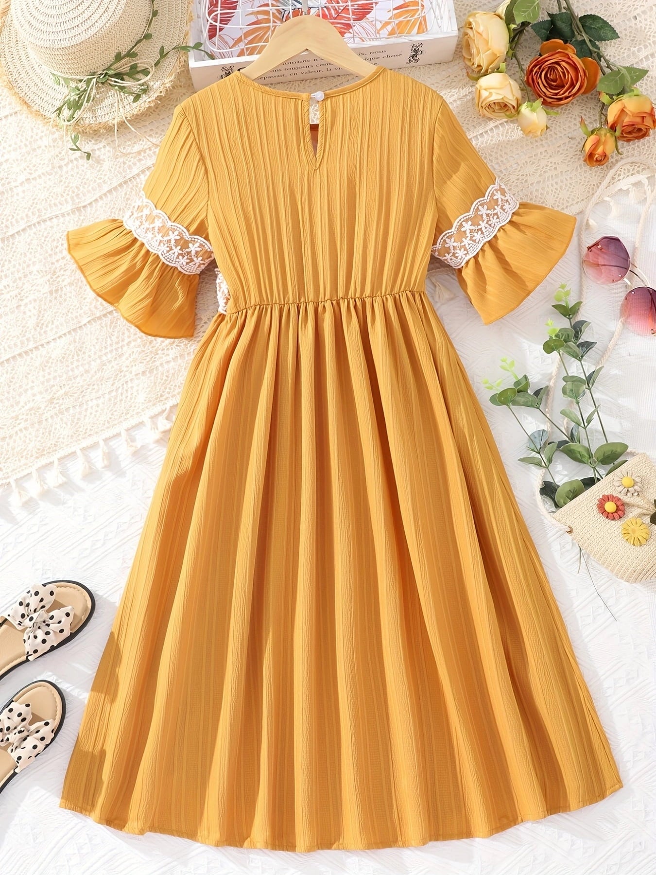 Embroided Ruffle Sleeve Dress - Home Grown EA