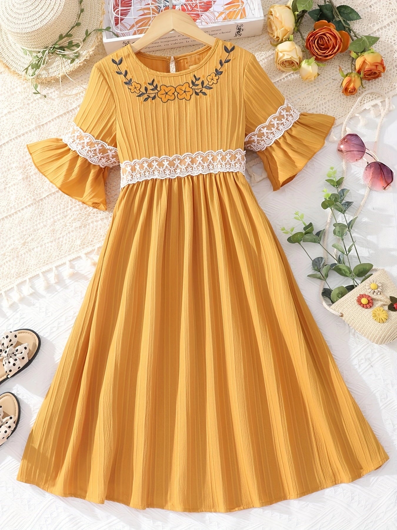 Embroided Ruffle Sleeve Dress - Home Grown EA