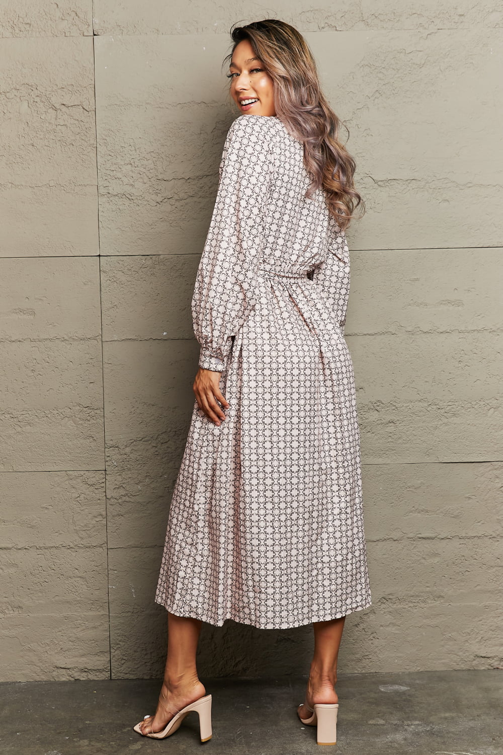 Printed Tie Waist Long Sleeve Dress - Home Grown EA