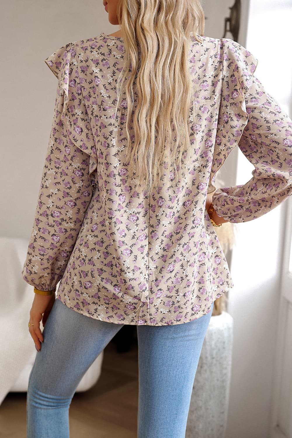 Printed Round Neck Long Sleeve Blouse - Home Grown EA