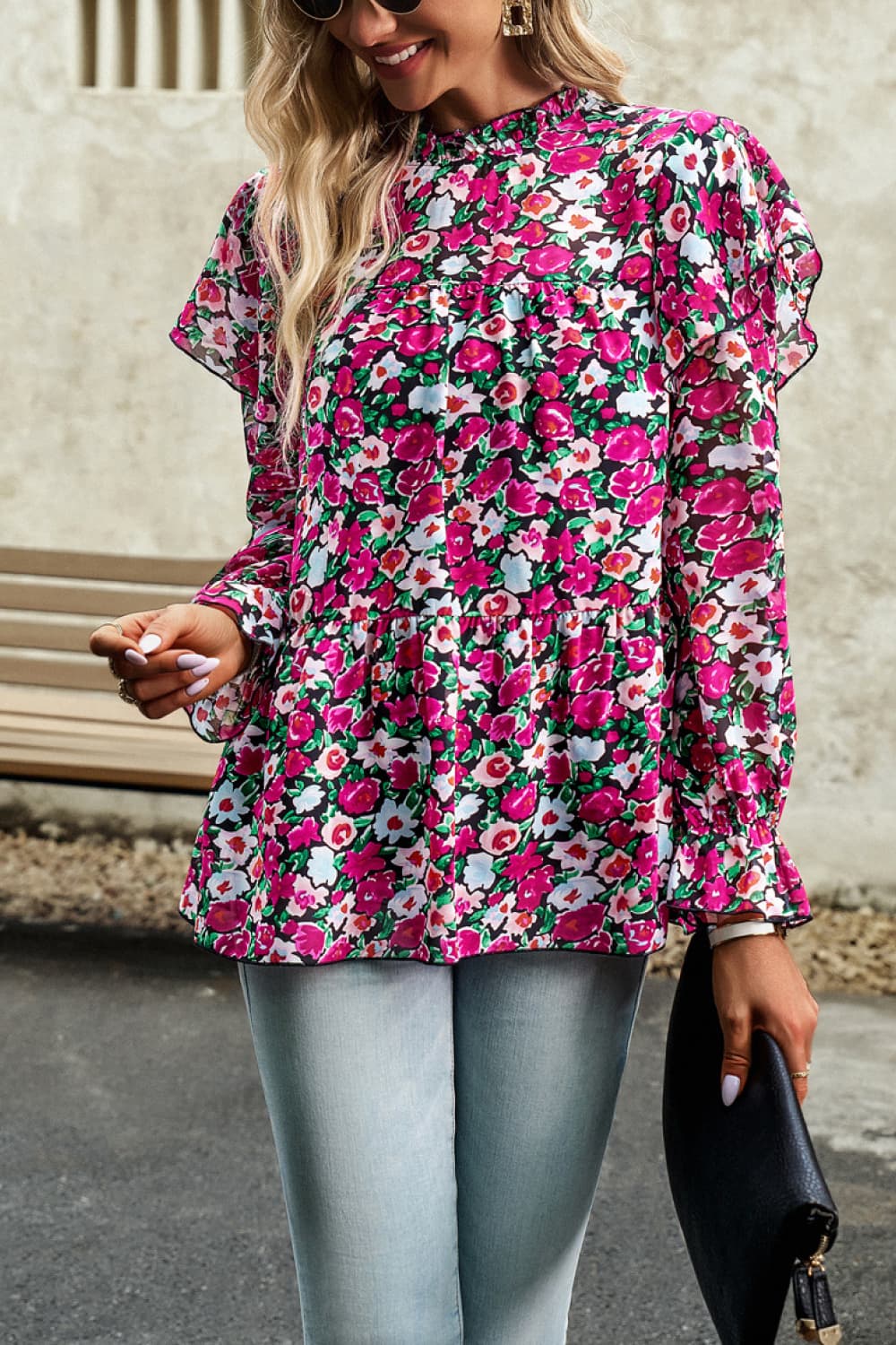 Printed Round Neck Flounce Sleeve Blouse - Home Grown EA