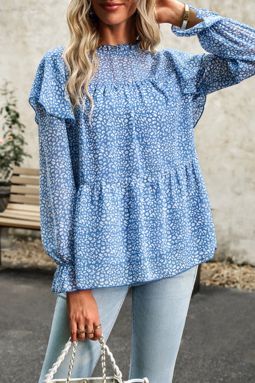 Printed Round Neck Flounce Sleeve Blouse - Home Grown EA