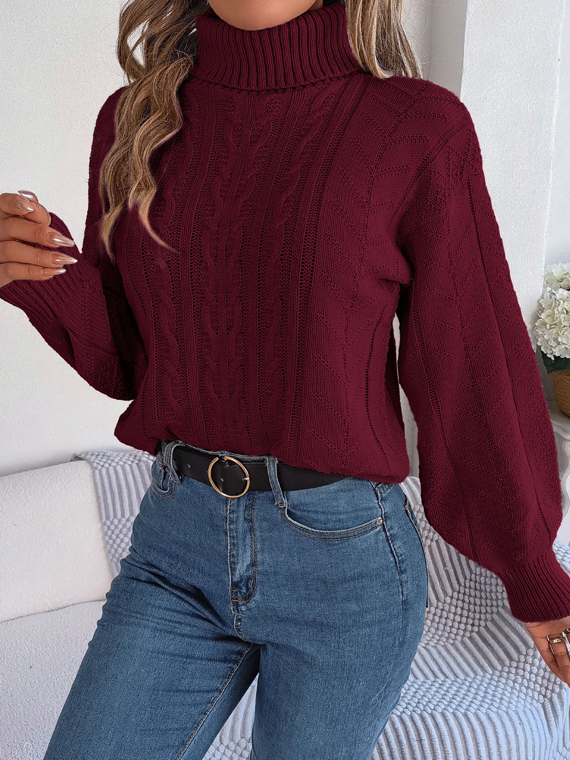 Cable-Knit Turtleneck Sweater - Home Grown EA