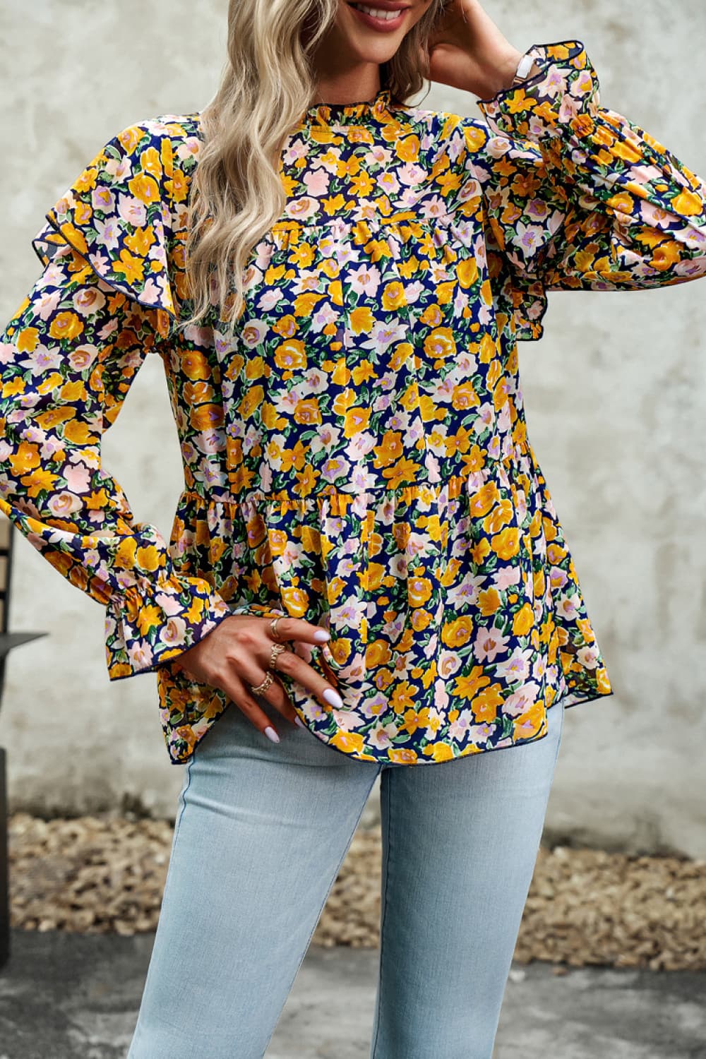 Printed Round Neck Flounce Sleeve Blouse - Home Grown EA