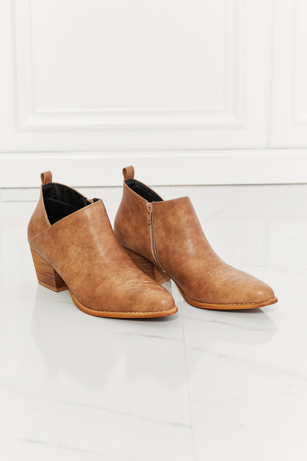 Embroidered Crossover Cowboy Bootie-Caramel