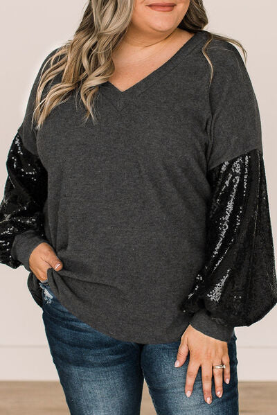 Sequin Long Sleeve V-Neck Top