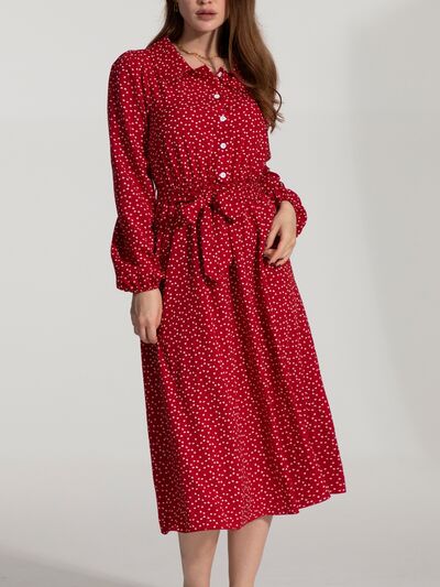 Tied Button Up Balloon Sleeve Dress