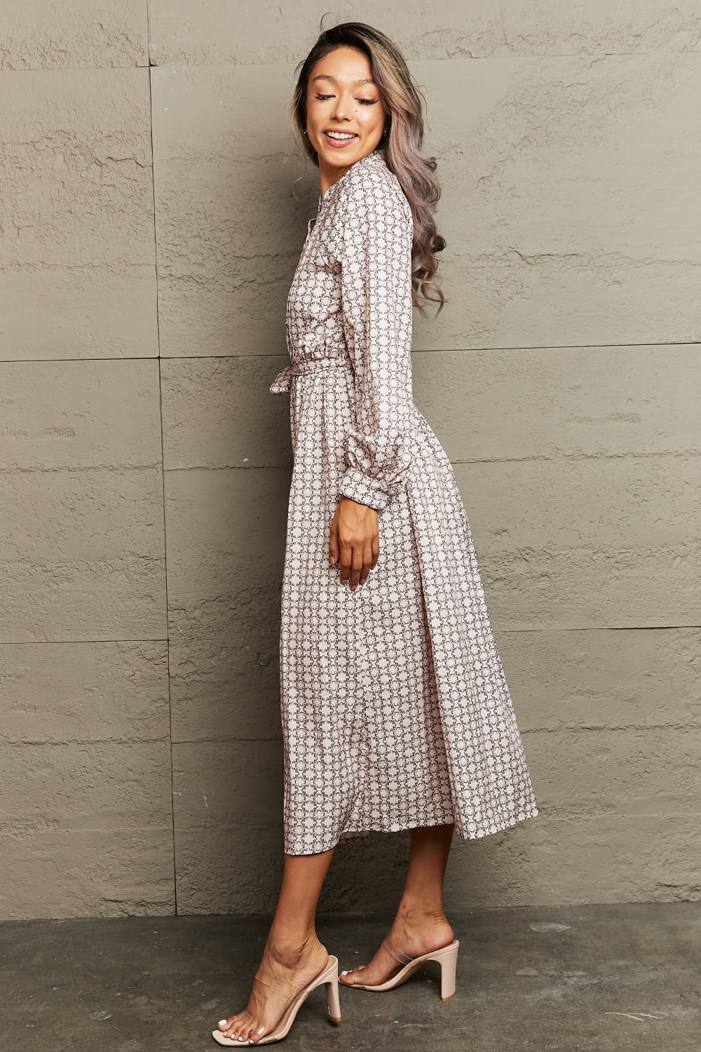 Printed Tie Waist Long Sleeve Dress - Home Grown EA