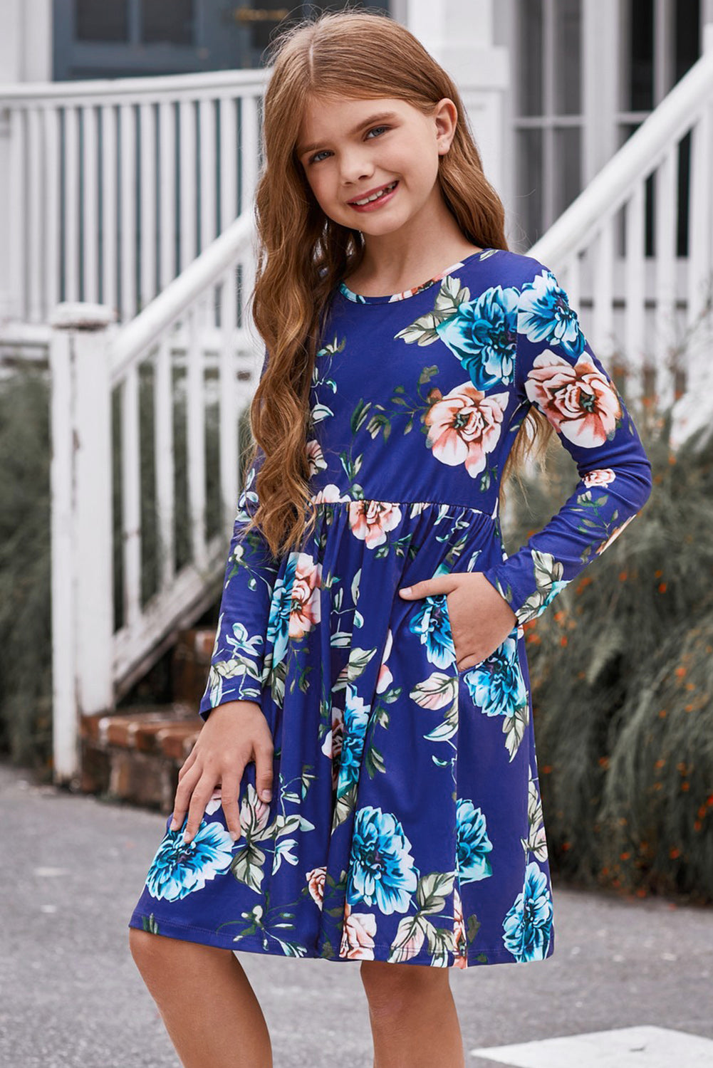 Girls Floral Long Sleeve Dress with Pockets - Home Grown EA