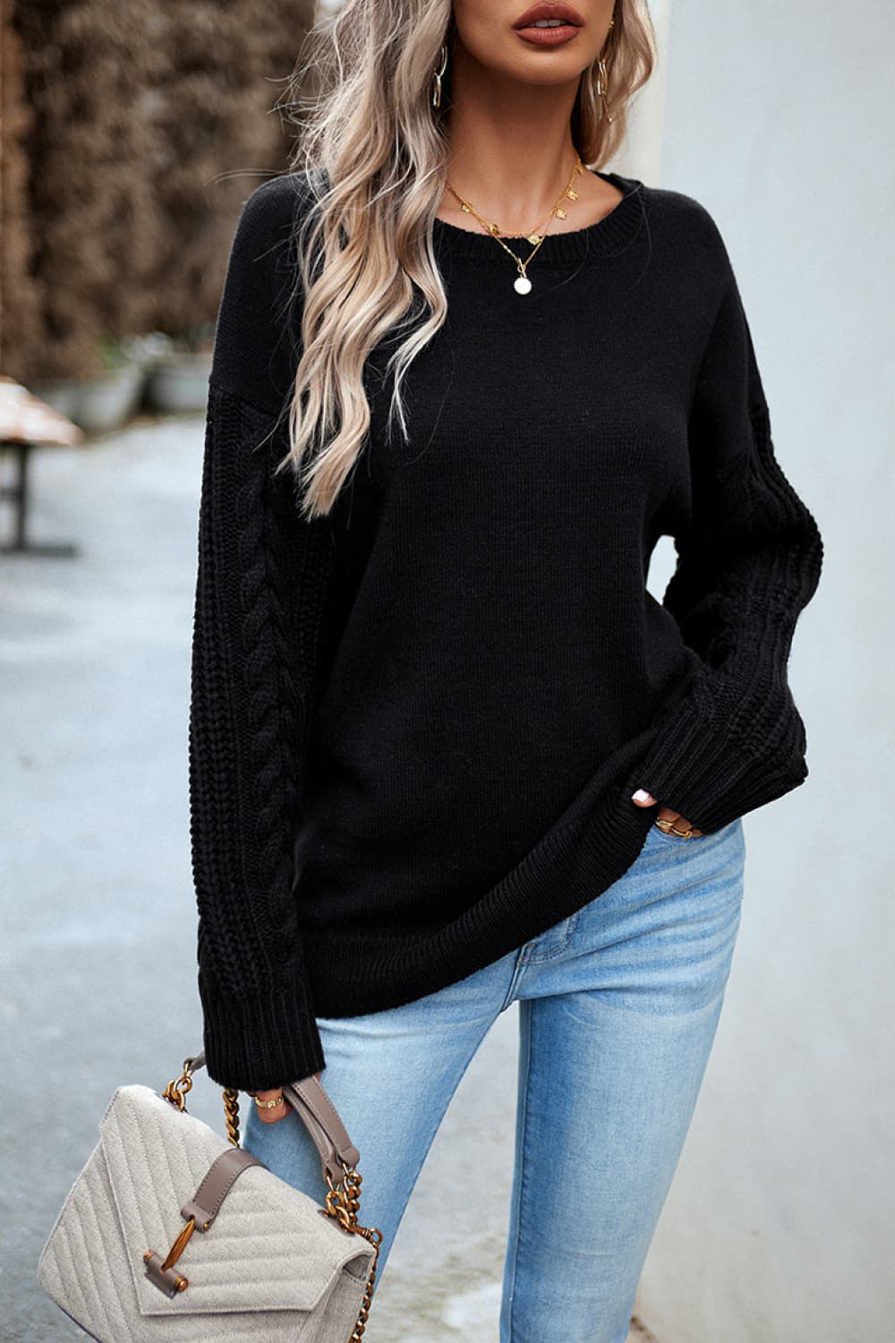 Cable-Knit Round Neck Drop Shoulder Sweater - Home Grown EA