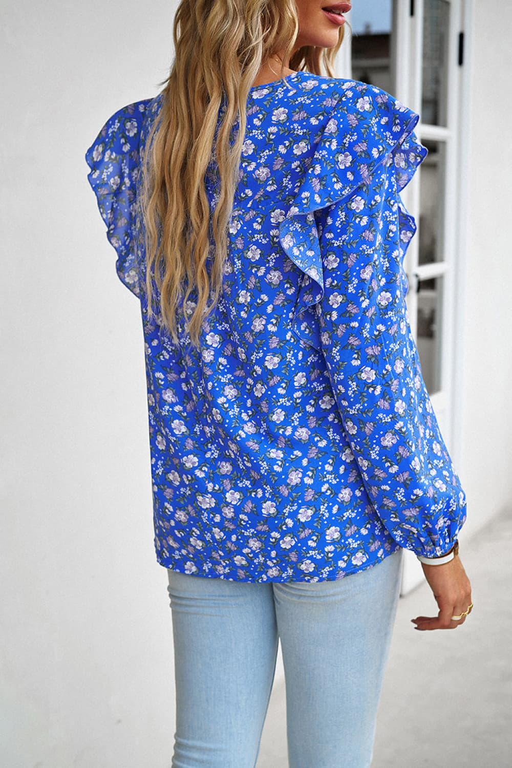 Printed Round Neck Long Sleeve Blouse - Home Grown EA