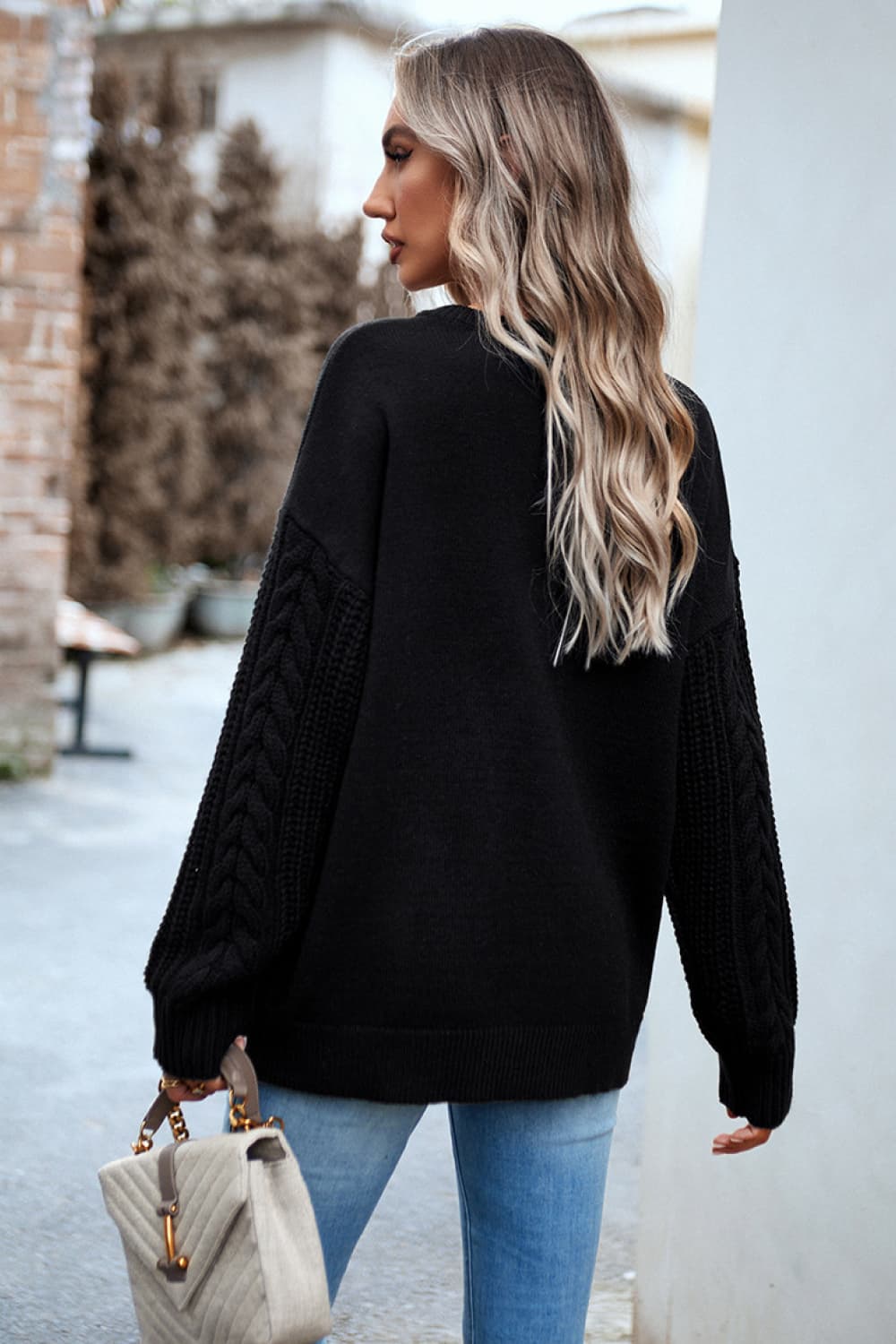 Cable-Knit Round Neck Drop Shoulder Sweater - Home Grown EA