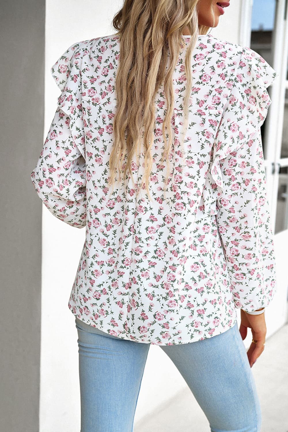 Printed Round Neck Long Sleeve Blouse - Home Grown EA