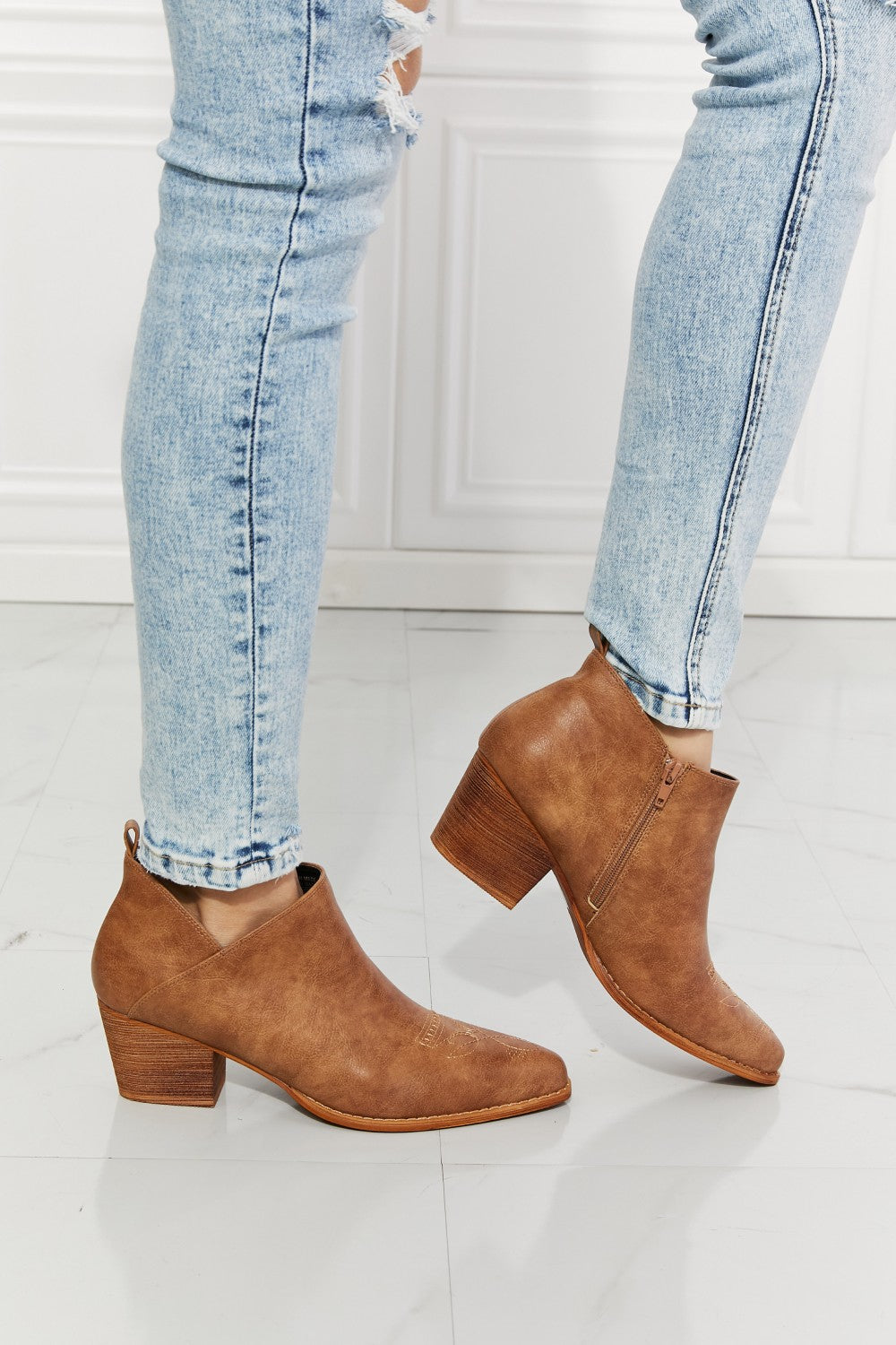 Embroidered Crossover Cowboy Bootie-Caramel